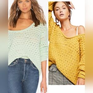Free People Crashing Waves Sweater Bundle Mustard & Mint Oversized Boho Knit S/M
